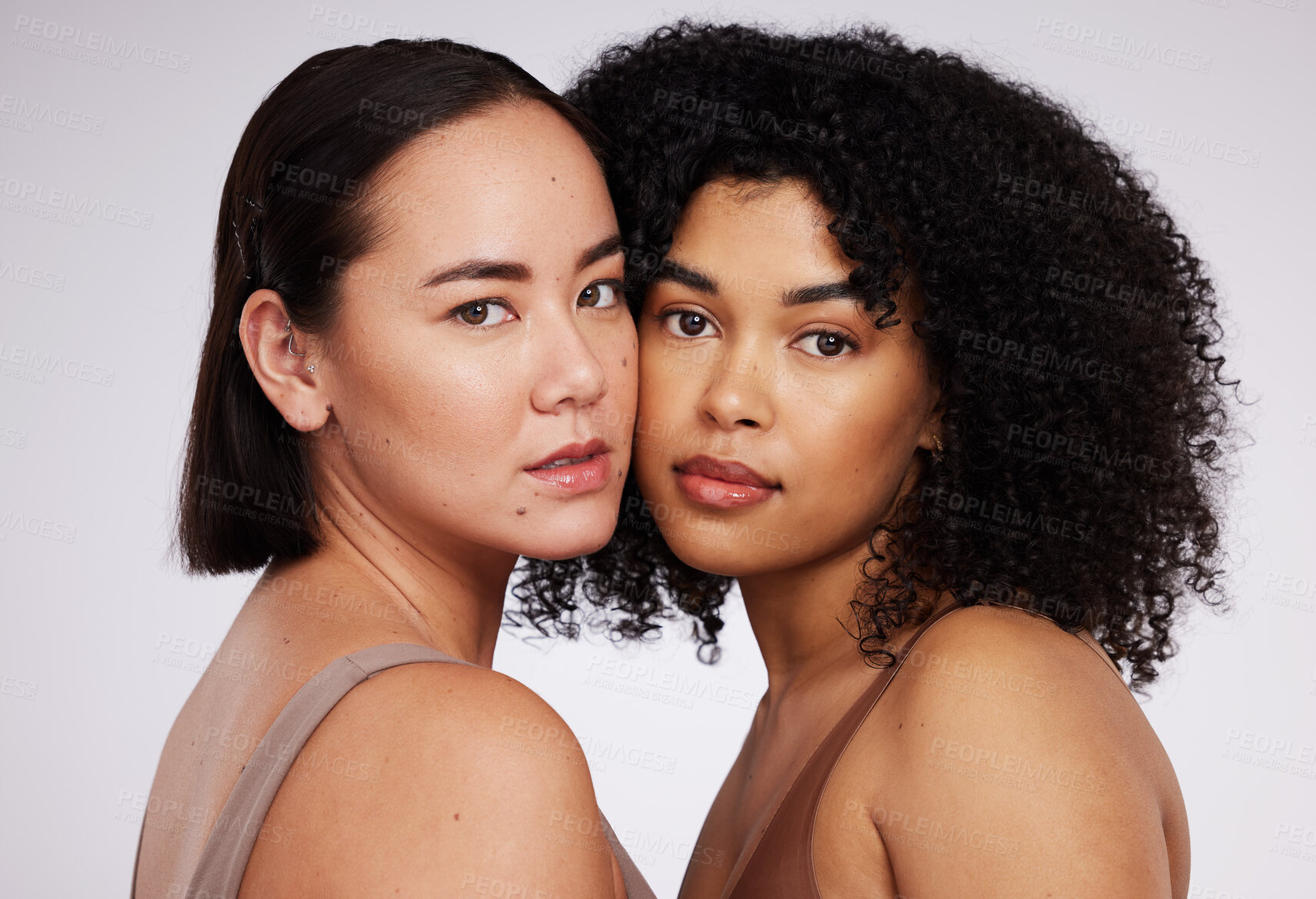 Buy stock photo Women, face and diversity with portrait, skin color and skincare inclusion with beauty isolated on studio background. Natural cosmetics, glow and dermatology, unique cosmetic and facial care