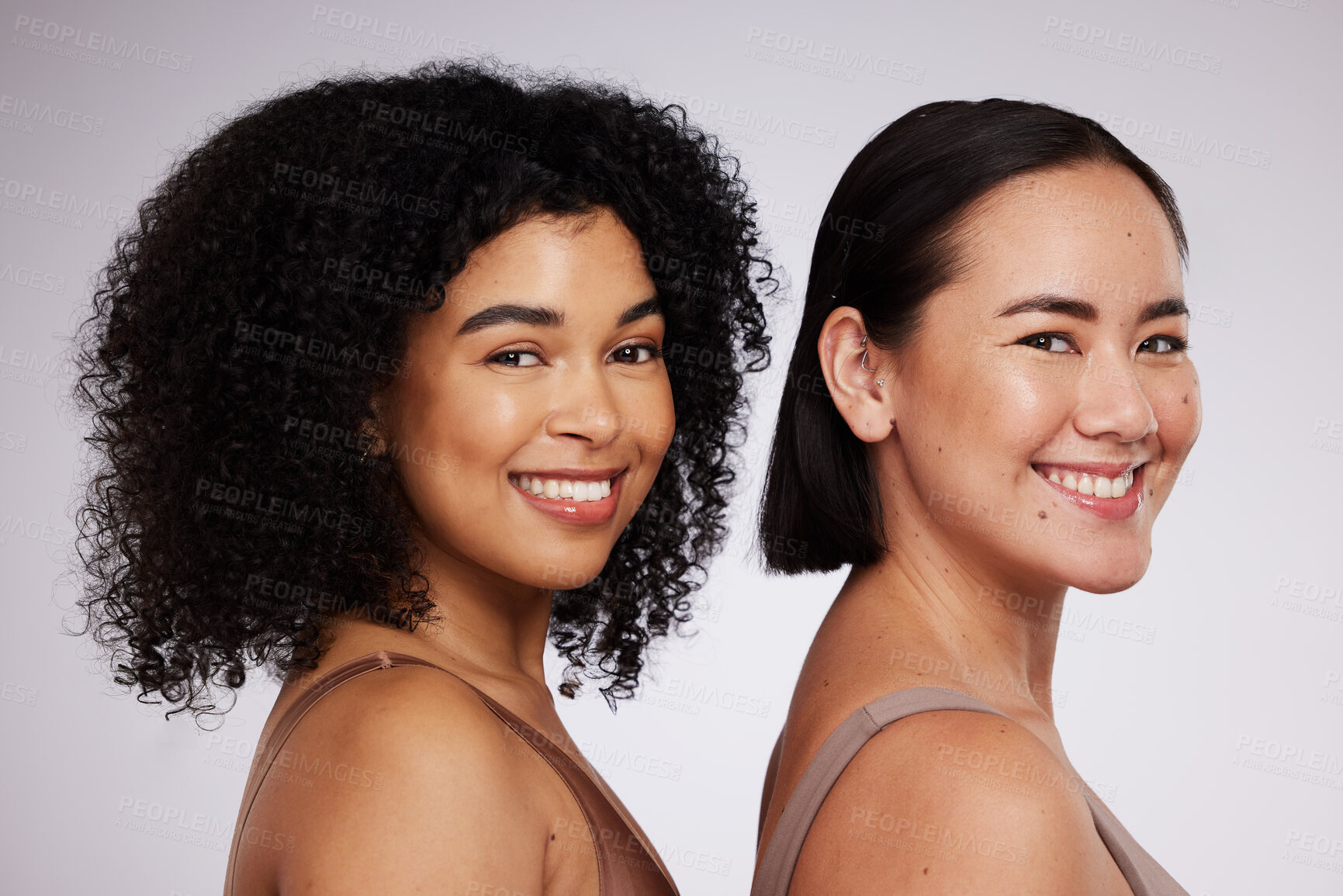 Buy stock photo Happy, women and face, diversity and portrait, skincare for different skin color and unique with beauty isolated on studio background. Natural cosmetics, glow and dermatology, inclusion and facial