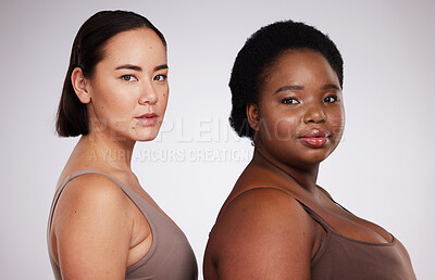 Buy stock photo Diversity, skincare and portrait of women for beauty, wellness and plus size body positivity. Spa aesthetic, self love and face of Asian and black girl for facial cosmetics, makeup and natural glow