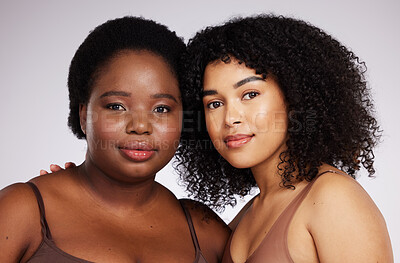 Buy stock photo Beauty, skincare and portrait of African women for wellness, facial treatment and dermatology in studio. Spa aesthetic, self love and face of girl models for luxury cosmetics, makeup and natural glow