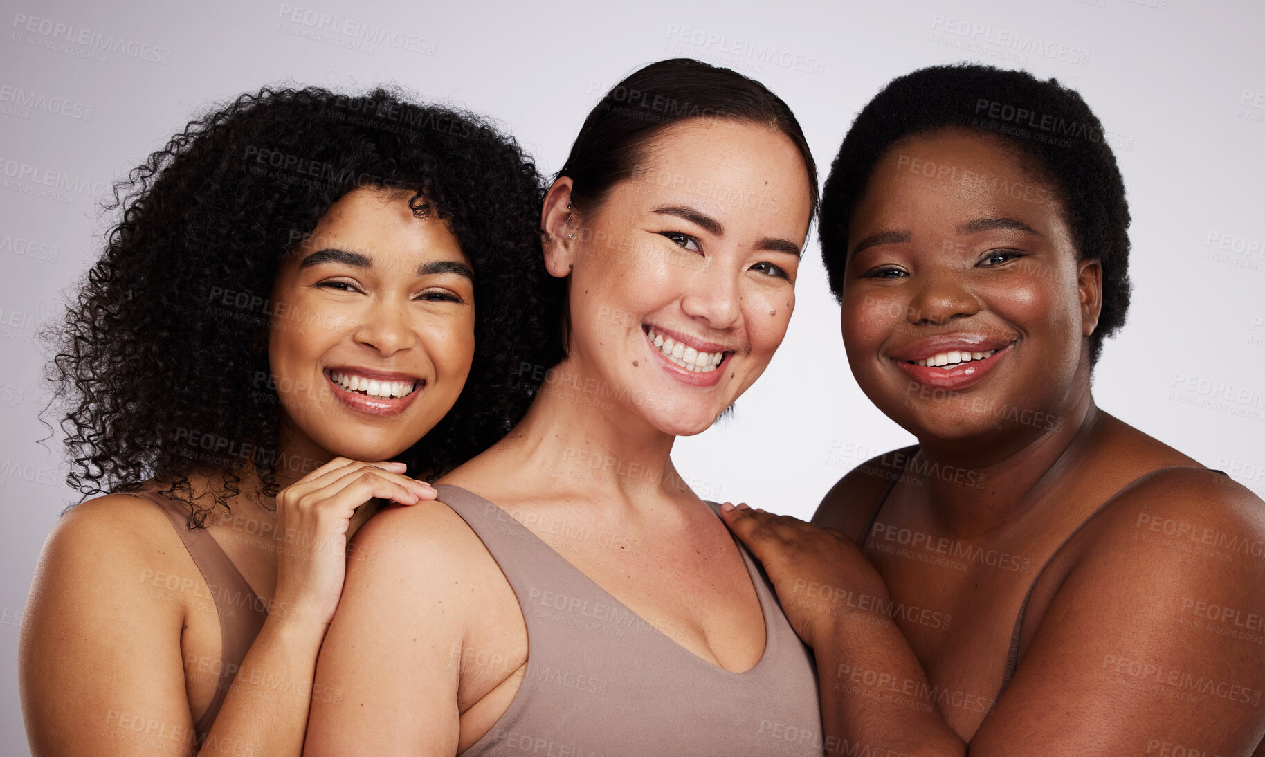 Buy stock photo Portrait, diversity and women with skincare, smile and bonding together on grey studio background. Face, multiracial and females with cosmetics, support or solidarity with body positivity on backdrop