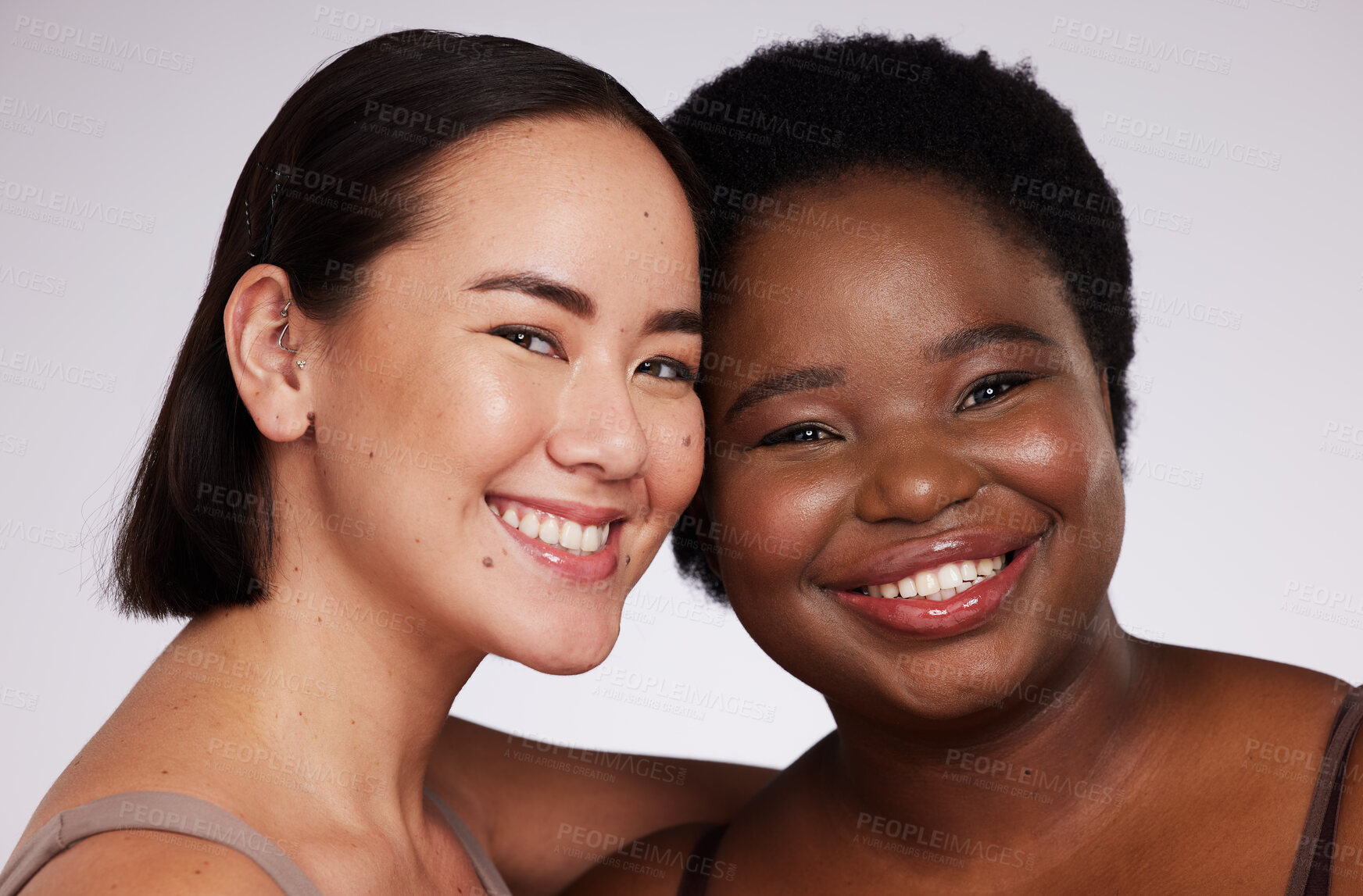 Buy stock photo Beauty, portrait and diversity women isolated on a white background of skincare, cosmetics or self love. Asian model, black woman or international people face for makeup, dermatology and studio smile