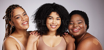 Buy stock photo Women, diversity and studio portrait for inclusion, body positive friends and natural skincare beauty. Model, group and black woman for cosmetics, makeup and wellness with skin health by background