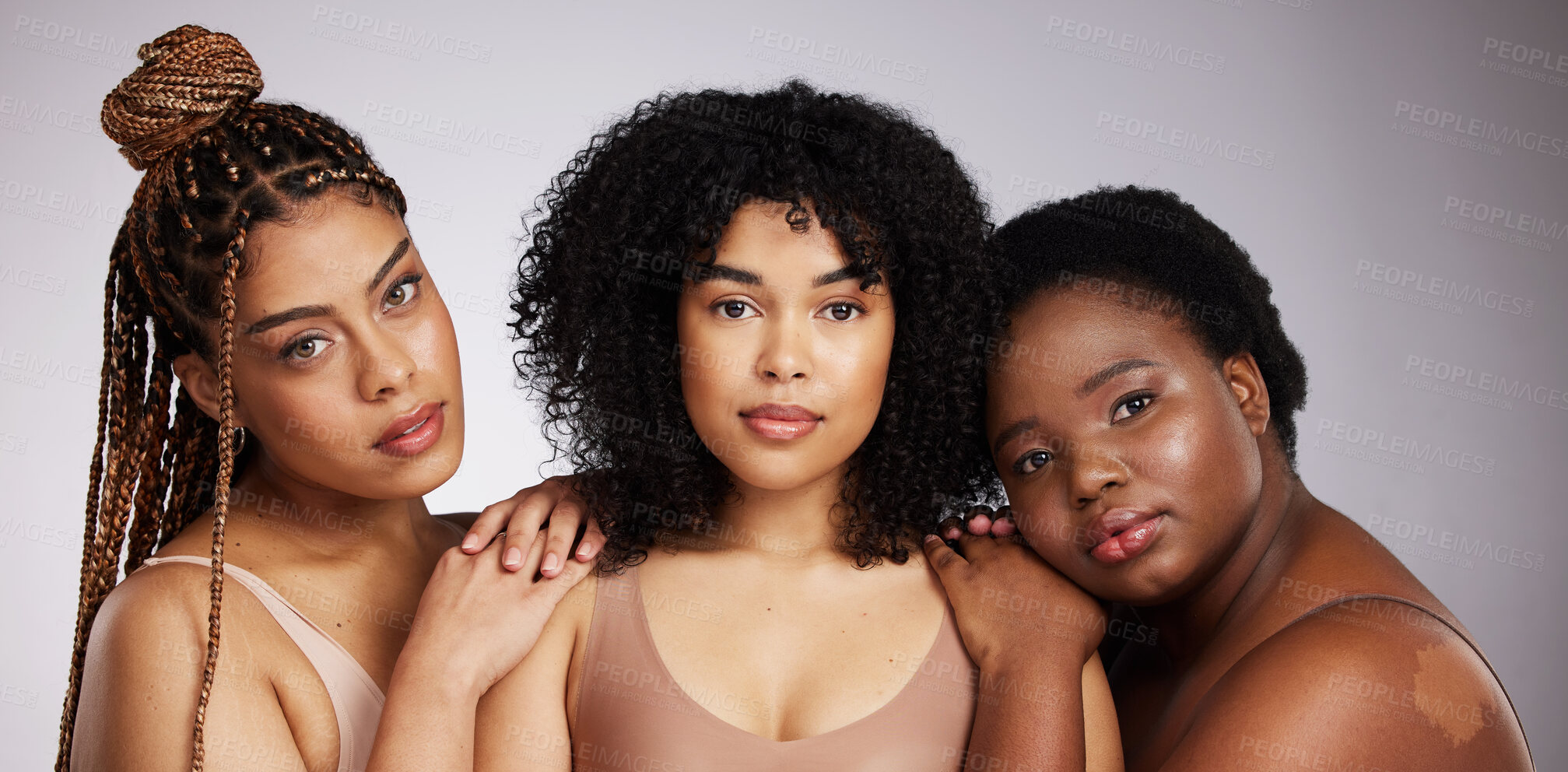 Buy stock photo Portrait, skincare and diversity with woman friends in studio on a gray background together for beauty. Face, makeup and natural with a female model group posing to promote support or inclusion