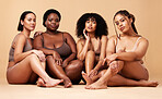Body, diversity and portrait of natural women group together for inclusion, beauty and power. Aesthetic model people it friends on beige background with skin glow, pride and motivation for self love
