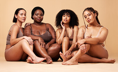 Buy stock photo Body, diversity and portrait of natural women group together for inclusion, beauty and power. Aesthetic model people or friends on beige background with skin glow, pride and motivation for self love
