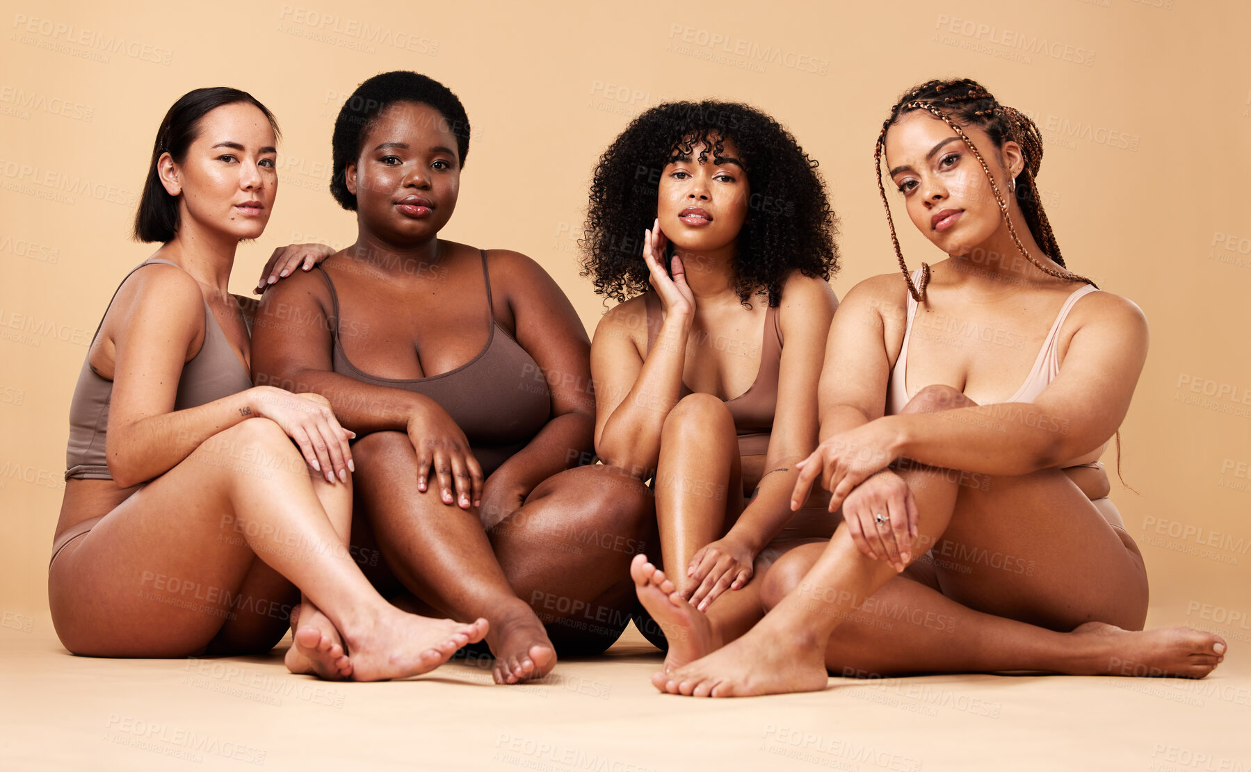 Buy stock photo Body, diversity and portrait of natural women group together for inclusion, beauty and power. Aesthetic model people or friends on beige background with skin glow, pride and motivation for self love