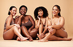 Diversity women, portrait and natural body and skin of group together for inclusion, beauty and power. Aesthetic model people or friend on beige background with pride and motivation for self love