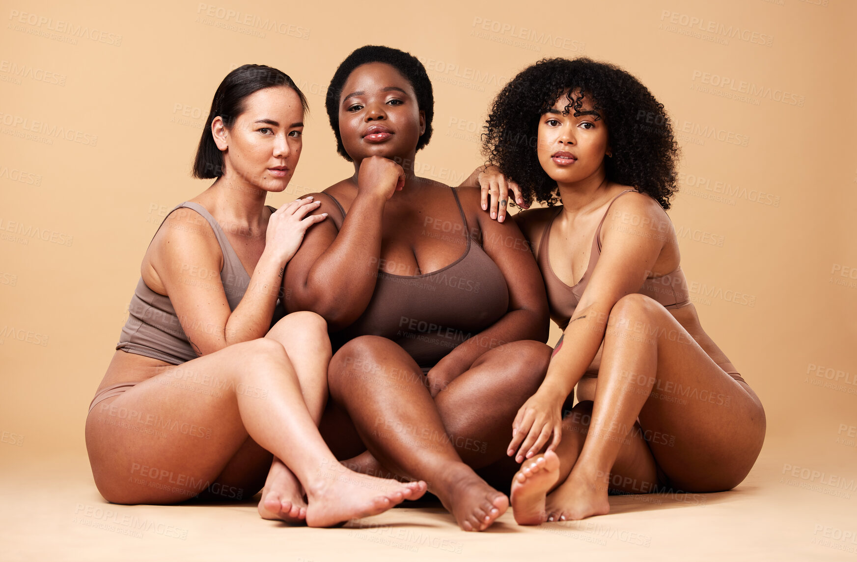 Buy stock photo Body, skin and portrait of diversity women friends together for inclusion, beauty and power. Aesthetic model group on beige background for skincare glow, pride and motivation for underwear self love