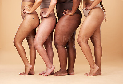 Buy stock photo Diversity women, legs and different body and skin of group together for inclusion, beauty and power. Underwear model people on beige background with cellulite, pride and motivation for self love