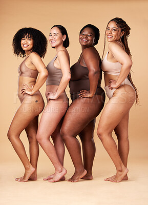 Buy stock photo Diversity women, skin and body positivity portrait of friends together for inclusion, beauty and power. Underwear model group on beige background with cellulite, pride and motivation for self love