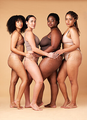 Buy stock photo Diversity women, portrait and body positivity friends hug for inclusion, beauty and power. Underwear model group beige background for cellulite legs, pride and motivation for self love or skin care