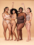 Diversity women, celebration and body portrait of friends group together for inclusion, beauty and power. Underwear model people on beige background with cellulite, pride and motivation for self love