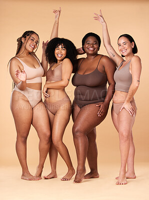 Buy stock photo Diversity women, celebration and body portrait of friends group together for inclusion, beauty and power. Underwear model people on beige background with cellulite, pride and motivation for self love