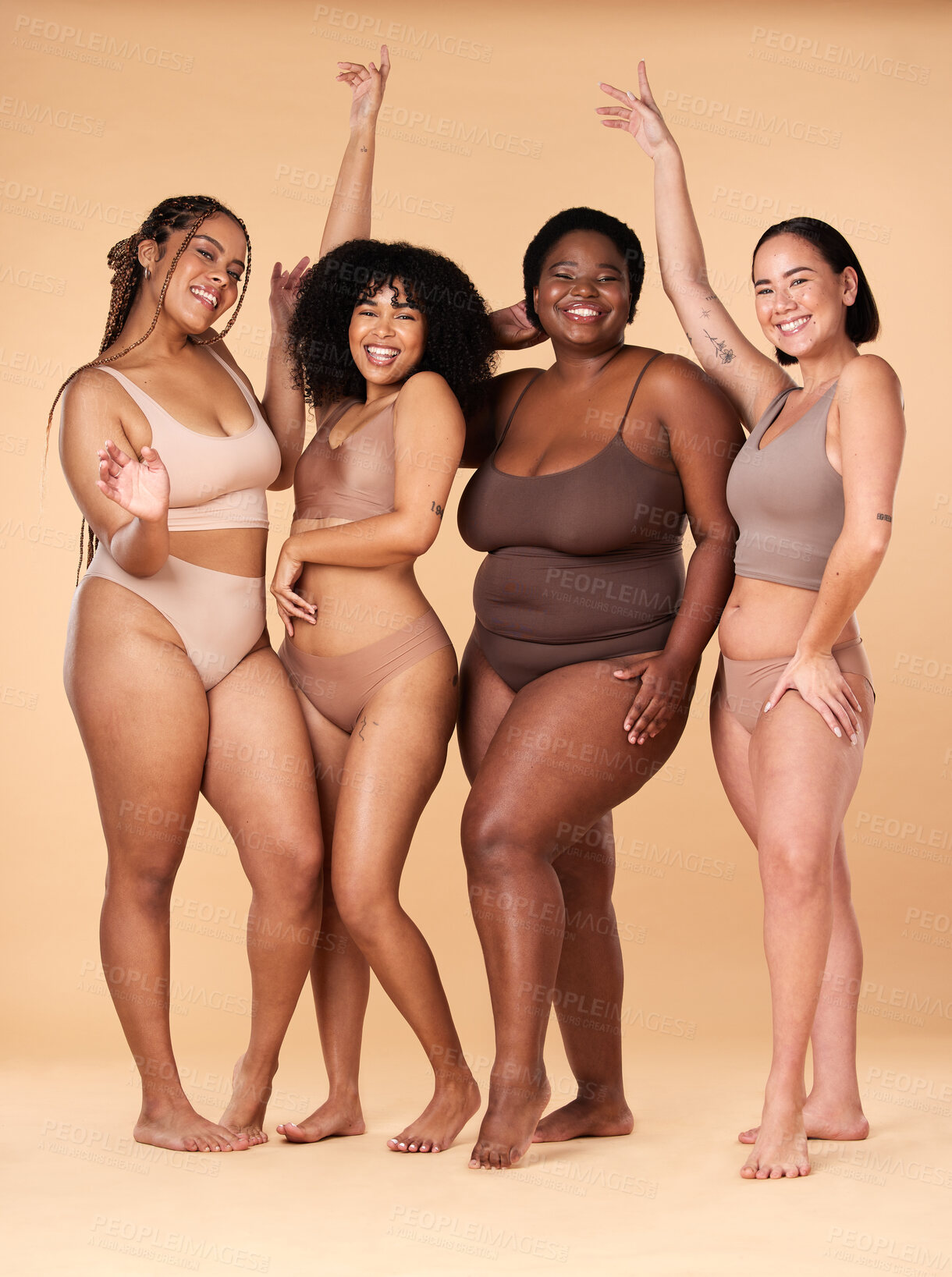 Buy stock photo Diversity women, celebration and body portrait of friends group together for inclusion, beauty and power. Underwear model people on beige background with cellulite, pride and motivation for self love