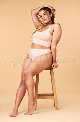 Buy stock photo Woman in portrait with underwear, plus size and body positivity, fitness and beauty with skin isolated on studio background. Health, wellness and person with nutrition, cellulite and dermatology
