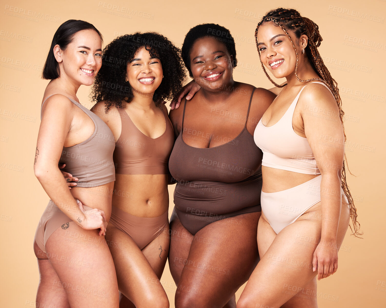 Buy stock photo Body, diversity and portrait of different women group hug for inclusion, beauty and skincare. Aesthetic model people or friends on beige background with glow, underwear and motivation for self love