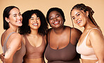 Friends, diversity and beauty of women in underwear in studio isolated on a brown background. Portrait, lingerie and self love of body positive happy girls with makeup, cosmetics and healthy skincare