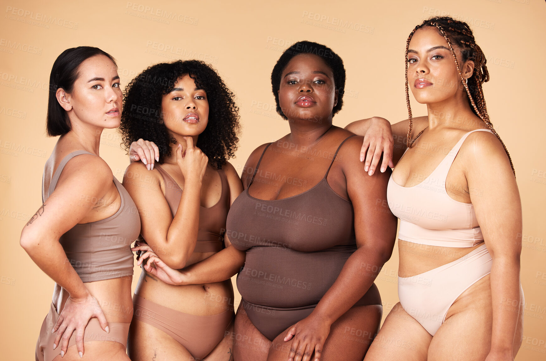Buy stock photo Body positive, diversity and portrait of women group together for inclusion, beauty and power. Underwear model people or friends on beige background for skincare, pride and motivation for self love