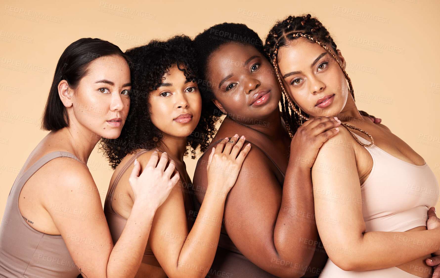Buy stock photo Skin care, diversity and portrait of women group together for inclusion, natural beauty and power. Body positive friends or real people on beige background for support, makeup and plus size self love