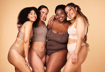 Buy stock photo Diversity, body positive and portrait of women group together for inclusion, beauty and power. Aesthetic model people or friends on beige background with skin glow, pride and motivation for self love