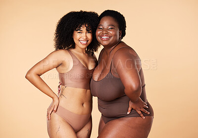 Buy stock photo Body positivity, beauty women and isolated on studio background in skincare, self love and empowerment. Underwear, lingerie and diversity black people or international model with inclusion portrait