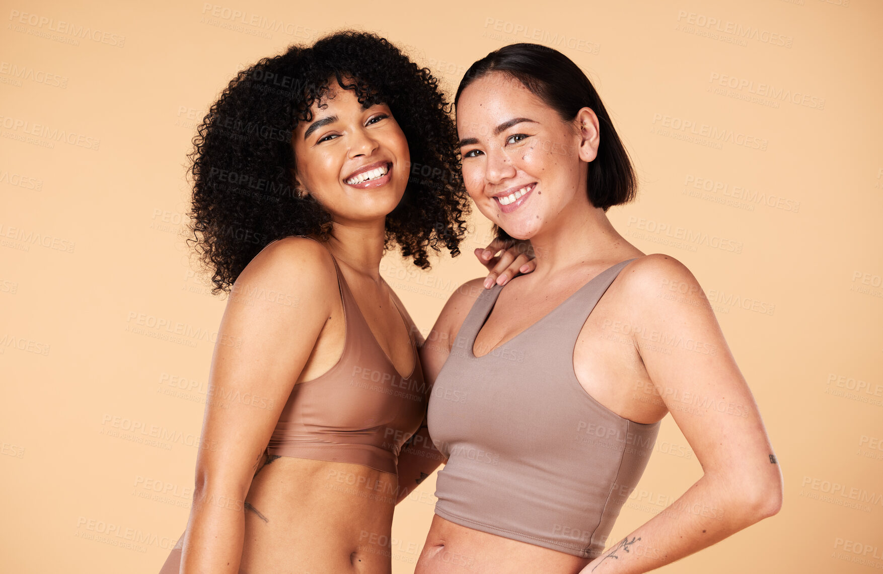 Buy stock photo Diversity, friends and beauty of women in underwear in studio isolated on a brown background. Portrait, lingerie and body positive happy girls with makeup, cosmetics and healthy skincare for wellness