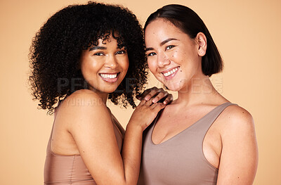 Buy stock photo Beauty, friends and diversity of women in lingerie in studio isolated on a brown background. Portrait, underwear and face of body positive happy girls with makeup, cosmetics and healthy skincare.