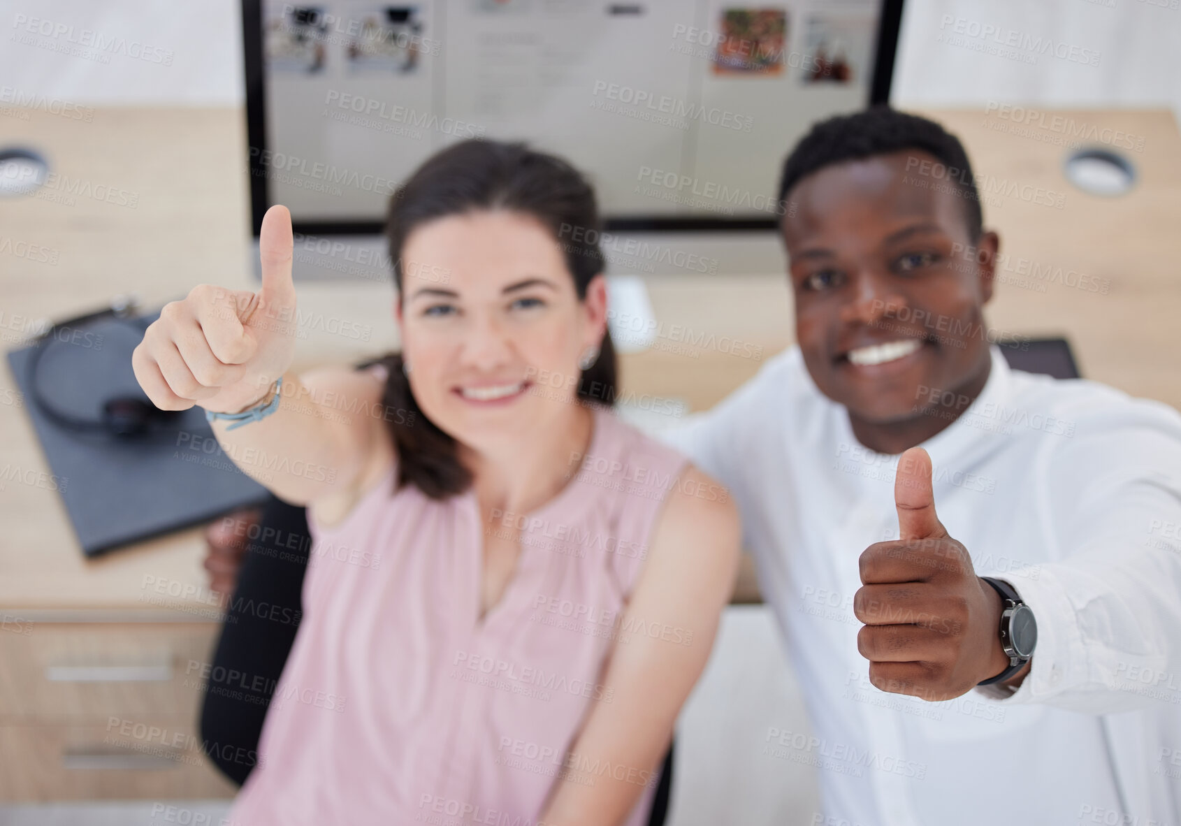 Buy stock photo Woman, team portrait and call center for thumbs up in office for consulting for smile, vision and goals, Crm black man, teamwork or top view for support, solidarity or customer service for diversity