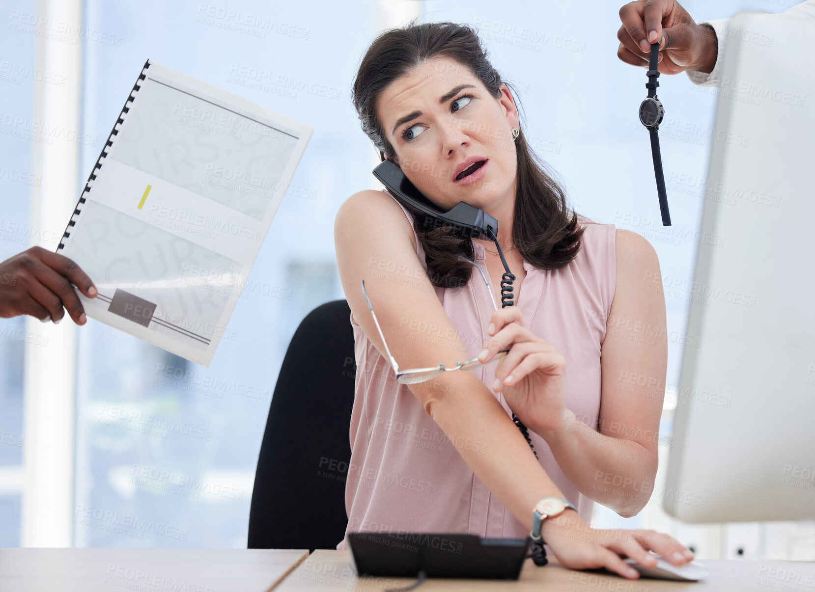 Buy stock photo Phone call, documents and time with a multitasking woman in her office, feeling overwhelmed by business demands. Stress, overworked and agenda with a female employee having trouble with her schedule