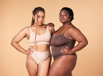 Buy stock photo Portrait, beauty and black women with body positivity, skincare and self love isolated in a studio brown background. Shape, plus size and female models confident in underwear as wellness 