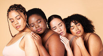 Buy stock photo Beauty, friends and women in lingerie with eyes closed in studio isolated on a background. Body positive, face love and group diversity of female models embrace together for support and solidarity.