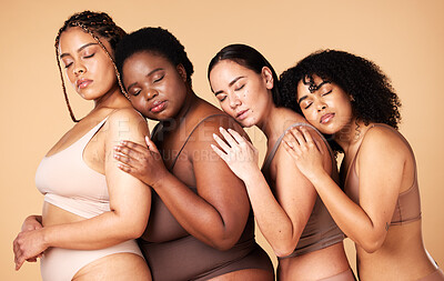 Buy stock photo Beauty, body positivity women isolated on a studio background in skincare, self love and empowerment. Underwear, lingerie and diversity black people or international model, inclusion and self love