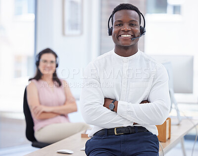 Buy stock photo Proud, call center and people consultant, telemarketing agent or crm communication worker in telecom excellence. Professional black man or employees in office consulting or virtual support portrait