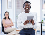 Portrait, tablet and call center with a black man consultant working in an office for support. Contact us, customer service and consulting with a male telemarketing employee at work using a headset