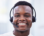 Face, call center and black man consultant, telemarketing agent or crm communication worker, telecom and smile. Technical support, virtual and portrait of african person consulting in video call chat