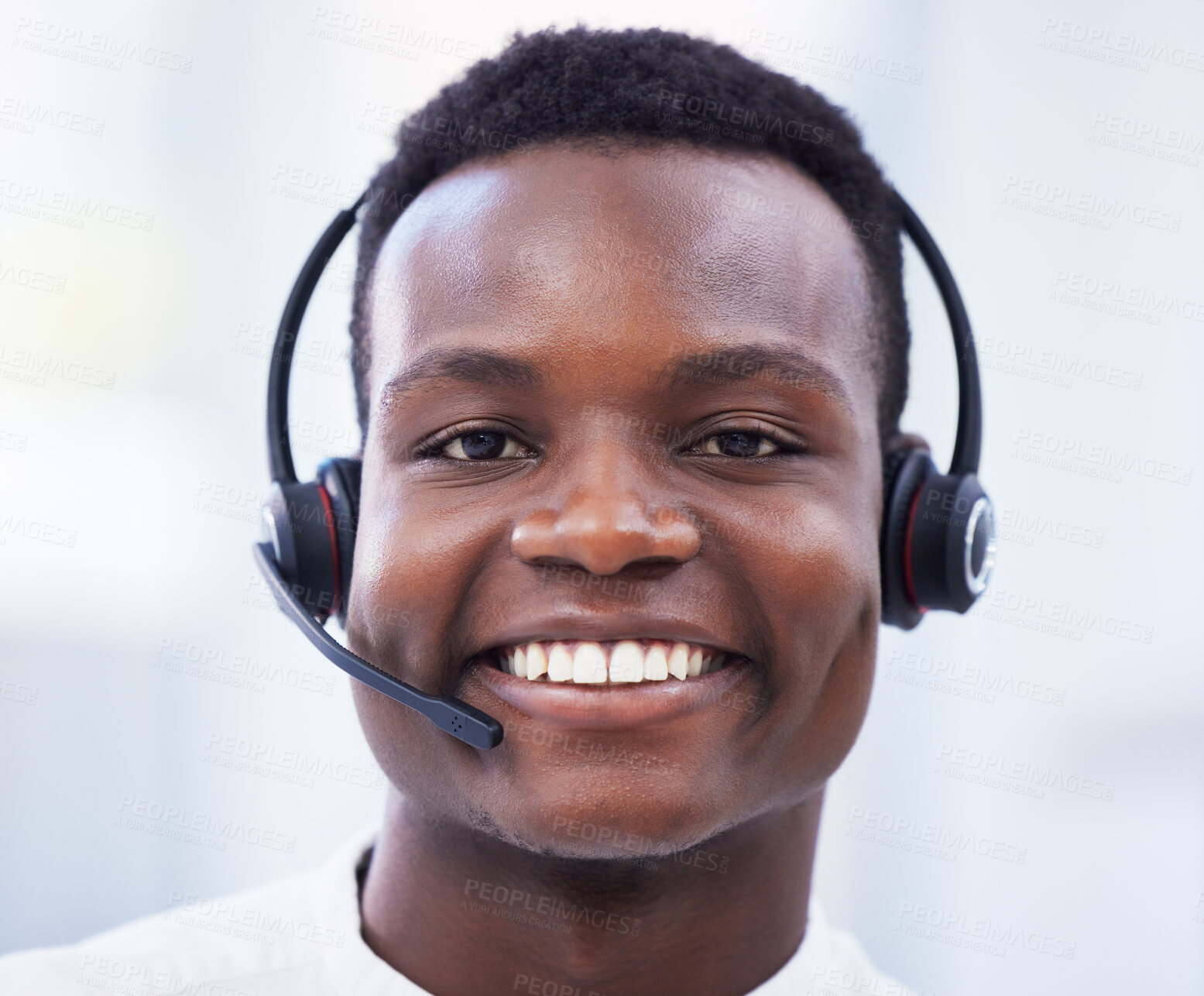 Buy stock photo Face, call center and black man consultant, telemarketing agent or crm communication worker, telecom and smile. Technical support, virtual and portrait of african person consulting in video call chat