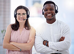 Portrait, call center and diversity people consultant, telemarketing agent or crm communication in telecom. Proud, contact us and teamwork of black man or employees in office virtual support success