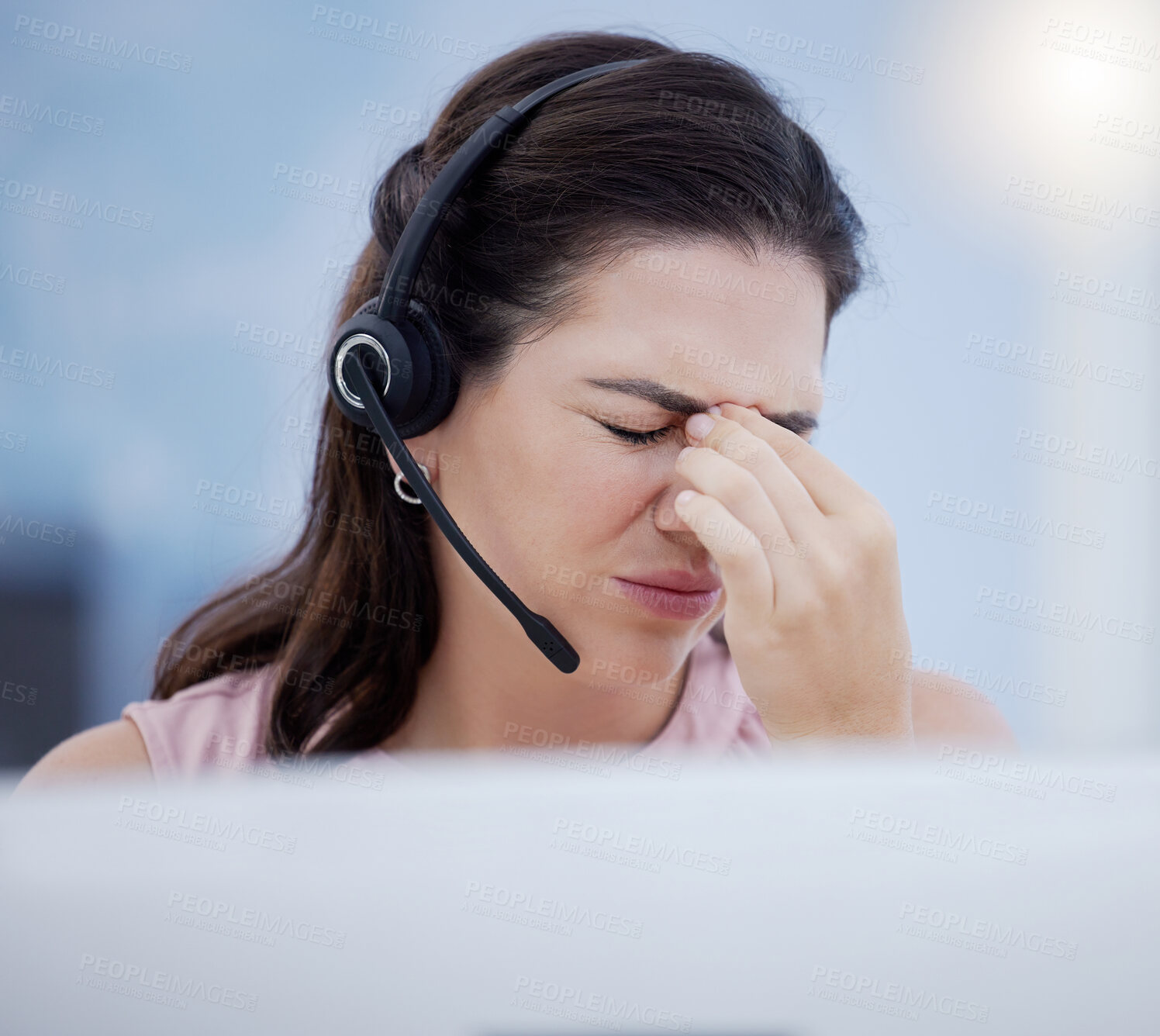 Buy stock photo Stress, headache or woman in call center with burnout, fatigue or migraine pain at customer services. Anxiety, depression or sick sales consultant in a crm telemarketing or communications company