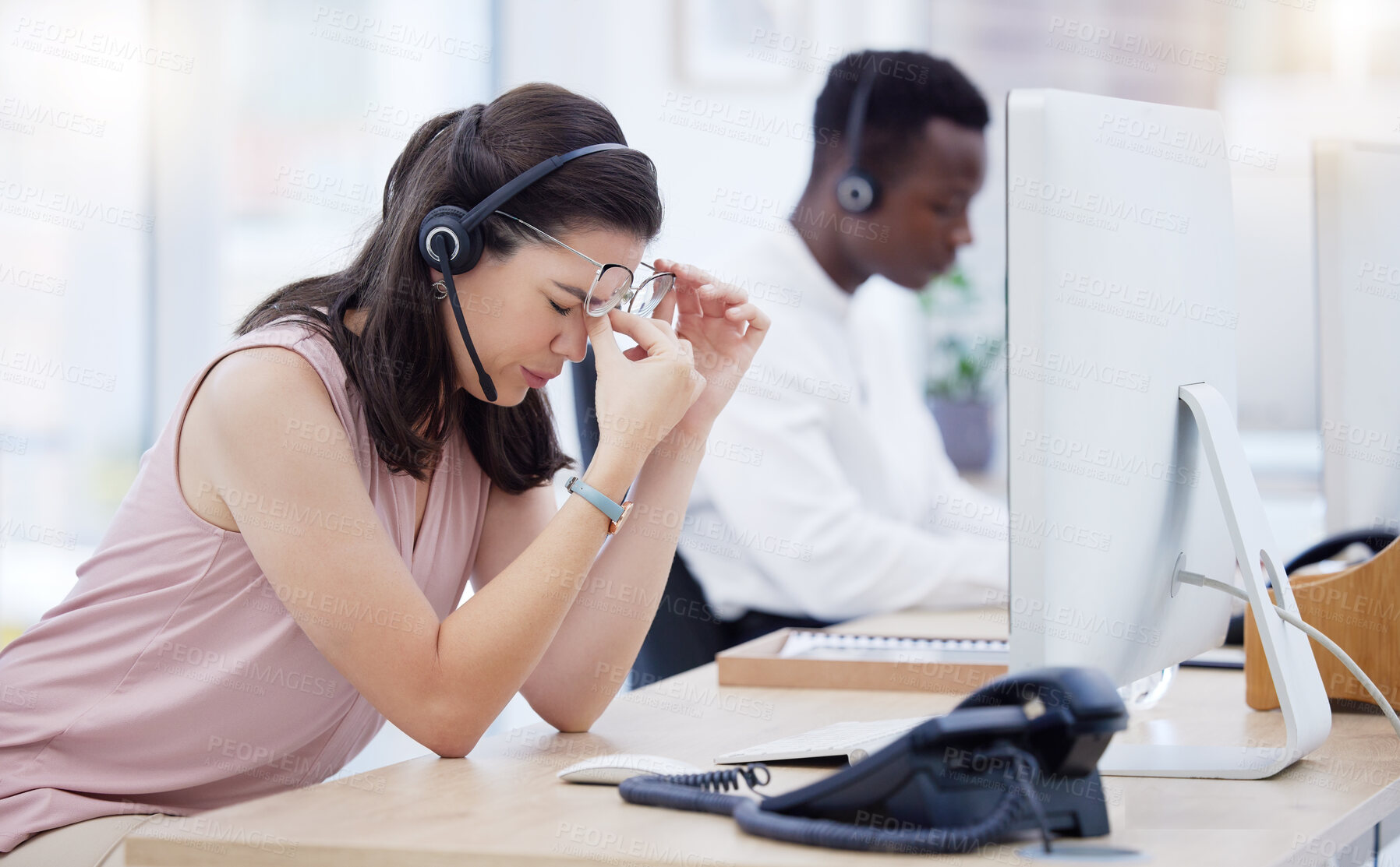 Buy stock photo Stress, headache and call center woman with burnout from working at a telemarketing company. Contact us, customer service and consultant tired of anxiety, migraine pain and problem during web support