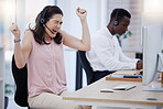 Success, winner or excited consultant in call center happy with telemarketing sales target or goals. Fists, CRM communication or woman celebrates winning an achievement or bonus deal at IT support