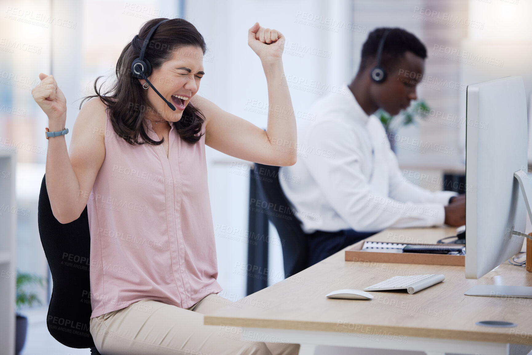 Buy stock photo Success, winner or excited consultant in call center happy with telemarketing sales target or goals. Fists, CRM communication or woman celebrates winning an achievement or bonus deal at IT support