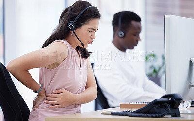 Buy stock photo Sick, digestion and call center agent with stomach pain, health problem and constipation at work. Telemarketing, painful and woman working in customer service with uncomfortable abdomen cramps