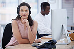 Crm, portrait or woman consulting in call center helping, consulting or talking at customer support. Computer, face or sales consultant in a telemarketing or communications company in conversation 