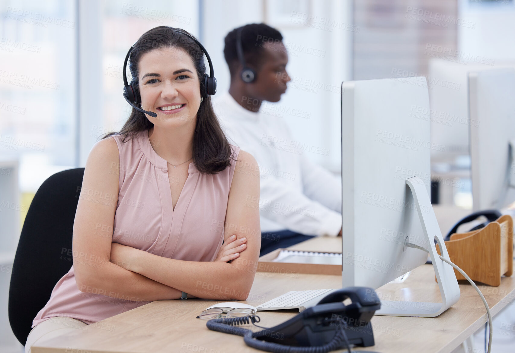 Buy stock photo Call center, proud portrait and woman consultant, telemarketing agent or crm communication worker smile. Telecom, virtual advisor or technical support person in office online consulting or networking