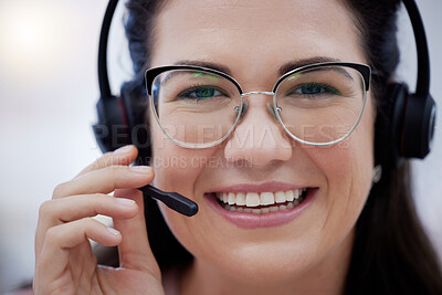 Buy stock photo Microphone, portrait or happy consultant in call center helping, consulting or talking at customer support. Smile, face or sales woman in a crm telemarketing or communications company in conversation