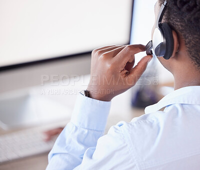 Buy stock photo Back of man, call center and customer service on computer for crm telemarketing support. Sales consulting, help desk consultant or lead generation on headset, desktop website or telecom communication