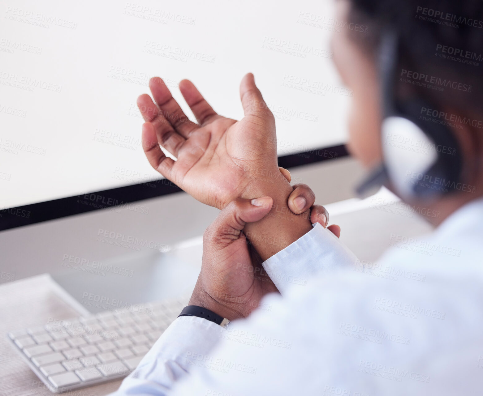 Buy stock photo Businessman, wrist injury and pain from carpal tunnel in call center agency. Worker hands, muscle fatigue and health risk of working at computer in telemarketing with orthopedic, arthritis and stress