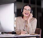 Call center, woman and writing notes for customer service, telemarketing sales and consulting at computer. Happy receptionist, communication and planning in notebook, solution and telecom management