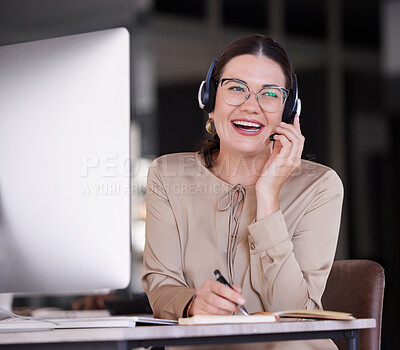 Buy stock photo Call center, woman and writing notes for customer service, telemarketing sales and consulting at computer. Happy receptionist, communication and planning in notebook, solution and telecom management